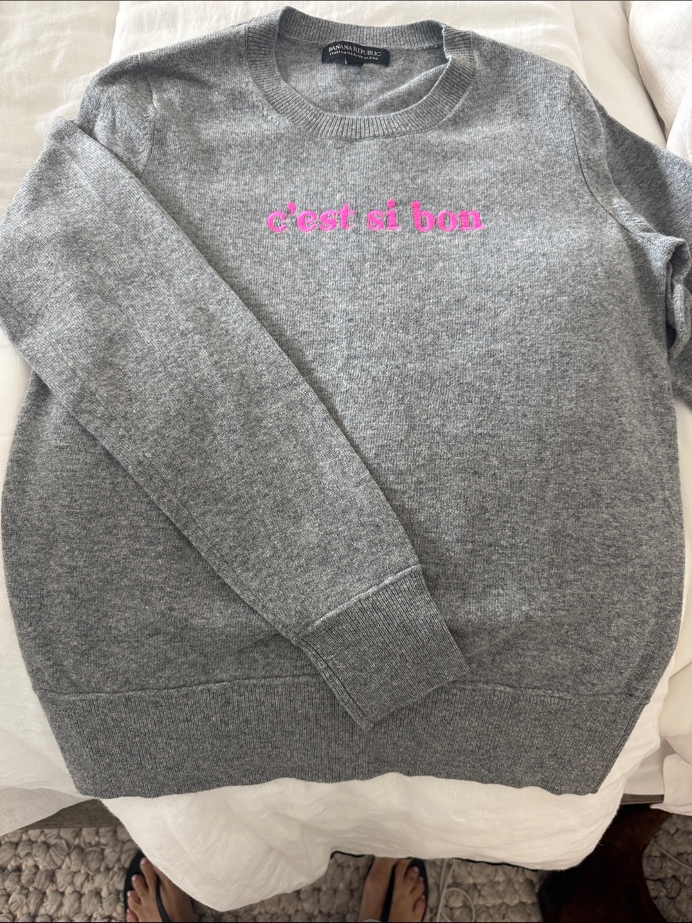 Banana Republic Gray Crewneck Sweater with Pink Embroidered Script